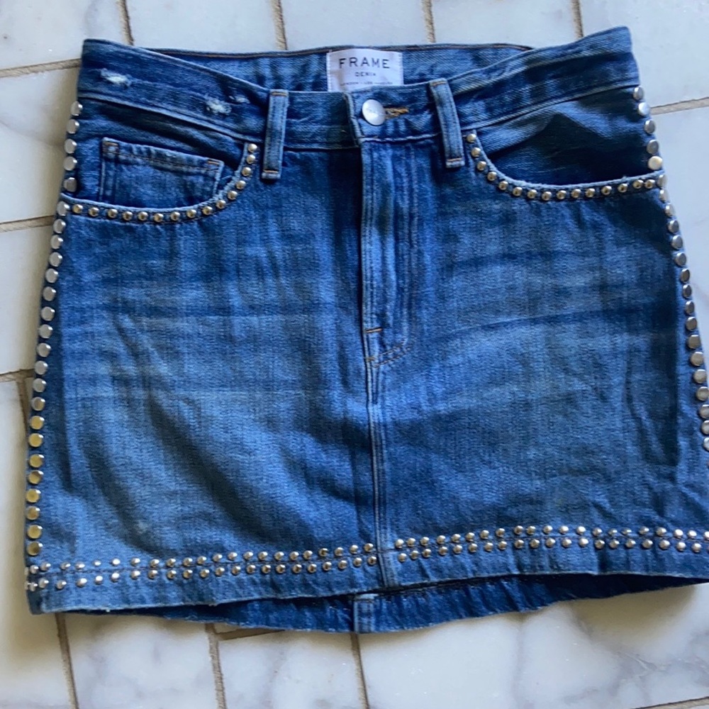 FRAME denim mini skirt. Studded details